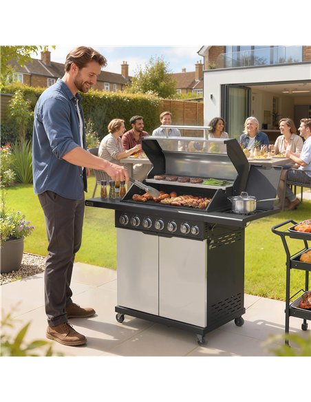 Outsunny 6+1 Burner Gas BBQ Grill, Outdoor Barbecue Trolley with Wheels, Warming Rack, Thermometer, Bottle Opener, Silver Tone - pic 182499 | FastDaddyshop