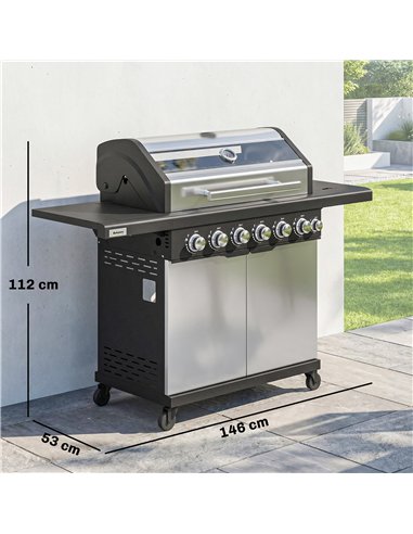 Outsunny 6+1 Burner Gas BBQ Grill, Outdoor Barbecue Trolley with Wheels, Warming Rack, Thermometer, Bottle Opener, Silver Tone