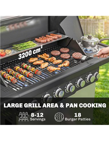 Outsunny 6+1 Burner Gas BBQ Grill, Outdoor Barbecue Trolley with Wheels, Warming Rack, Thermometer, Bottle Opener, Silver Tone