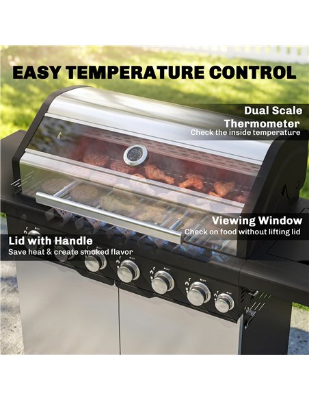 Outsunny 6+1 Burner Gas BBQ Grill, Outdoor Barbecue Trolley with Wheels, Warming Rack, Thermometer, Bottle Opener, Silver Tone - pic 182503 | FastDaddyshop