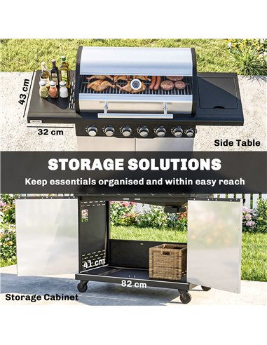 Outsunny 6+1 Burner Gas BBQ Grill, Outdoor Barbecue Trolley with Wheels, Warming Rack, Thermometer, Bottle Opener, Silver Tone