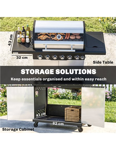 Outsunny 6+1 Burner Gas BBQ Grill, Outdoor Barbecue Trolley with Wheels, Warming Rack, Thermometer, Bottle Opener, Silver Tone - pic 182504 | FastDaddyshop