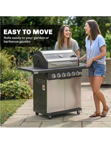Outsunny 6+1 Burner Gas BBQ Grill, Outdoor Barbecue Trolley with Wheels, Warming Rack, Thermometer, Bottle Opener, Silver Tone