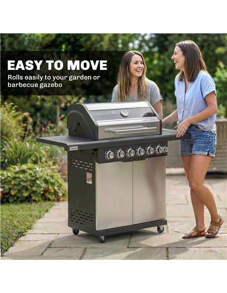 Outsunny 6+1 Burner Gas BBQ Grill, Outdoor Barbecue Trolley with Wheels, Warming Rack, Thermometer, Bottle Opener, Silver Tone - pic 182506 | FastDaddyshop