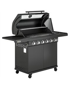 Outsunny 6+1 Burner Gas BBQ Grill, Outdoor Barbecue Trolley with Wheels, Warming Rack, Thermometer, Bottle Opener, Black