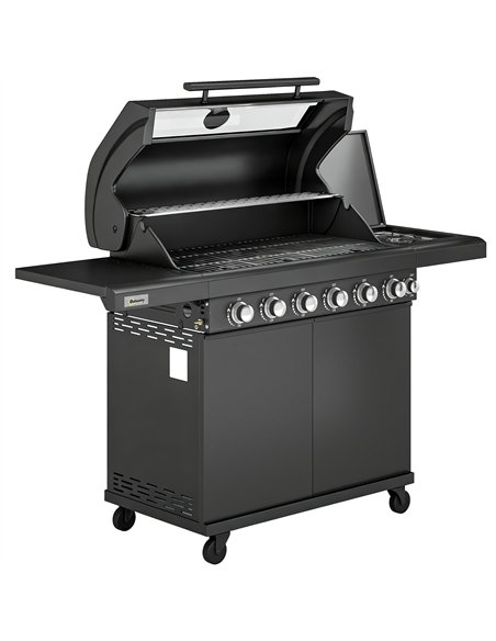Outsunny 6+1 Burner Gas BBQ Grill, Outdoor Barbecue Trolley with Wheels, Warming Rack, Thermometer, Bottle Opener, Black - pic 182507 | FastDaddyshop