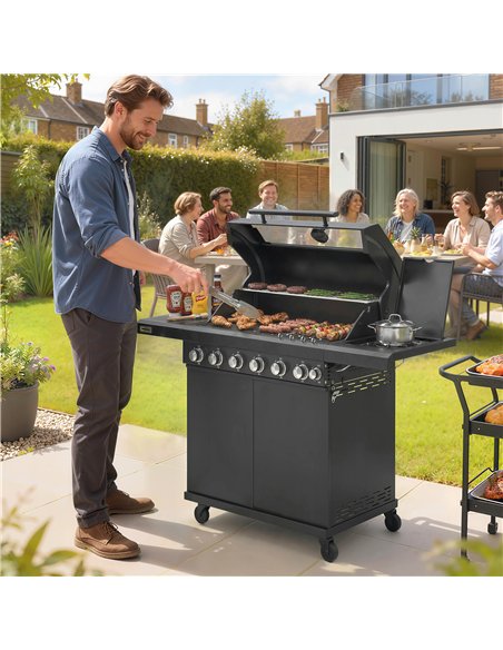 Outsunny 6+1 Burner Gas BBQ Grill, Outdoor Barbecue Trolley with Wheels, Warming Rack, Thermometer, Bottle Opener, Black - pic 182508 | FastDaddyshop