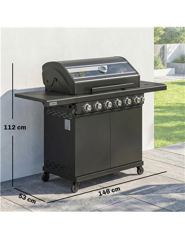Outsunny 6+1 Burner Gas BBQ Grill, Outdoor Barbecue Trolley with Wheels, Warming Rack, Thermometer, Bottle Opener, Black