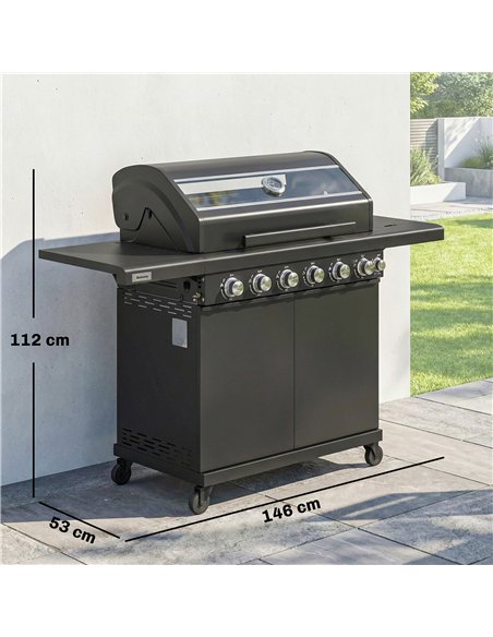 Outsunny 6+1 Burner Gas BBQ Grill, Outdoor Barbecue Trolley with Wheels, Warming Rack, Thermometer, Bottle Opener, Black - pic 182509 | FastDaddyshop