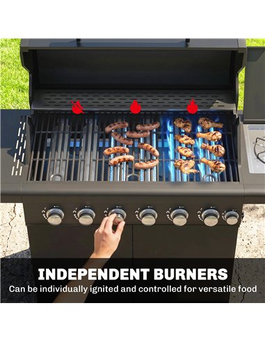 Outsunny 6+1 Burner Gas BBQ Grill, Outdoor Barbecue Trolley with Wheels, Warming Rack, Thermometer, Bottle Opener, Black