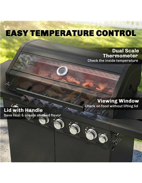 Outsunny 6+1 Burner Gas BBQ Grill, Outdoor Barbecue Trolley with Wheels, Warming Rack, Thermometer, Bottle Opener, Black - pic 182512 | FastDaddyshop