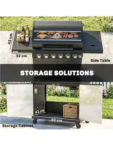 Outsunny 6+1 Burner Gas BBQ Grill, Outdoor Barbecue Trolley with Wheels, Warming Rack, Thermometer, Bottle Opener, Black