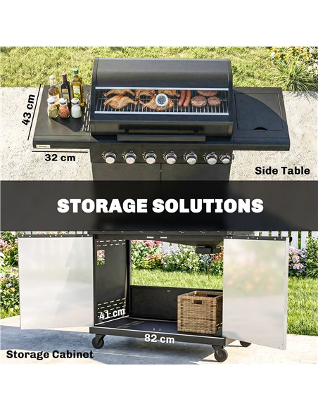 Outsunny 6+1 Burner Gas BBQ Grill, Outdoor Barbecue Trolley with Wheels, Warming Rack, Thermometer, Bottle Opener, Black - pic 182513 | FastDaddyshop