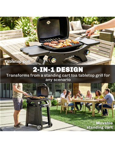 Outsunny 2 Burner Gas Grill with 2 Side Tables, 3.8 KW Barbecue Grill with Cast Iron Grates, 2-in-1 Tabletop BBQ with Wheels