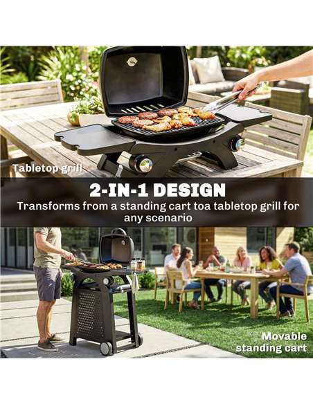 Outsunny 2 Burner Gas Grill with 2 Side Tables, 3.8 KW Barbecue Grill with Cast Iron Grates, 2-in-1 Tabletop BBQ with Wheels - pic 182519 | FastDaddyshop