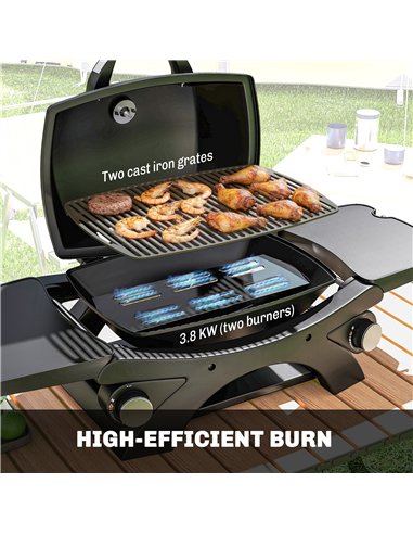 Outsunny 2 Burner Gas Grill with 2 Detachable Side Tables, 3.8 KW Steel Barbecue Grill with Cast Iron Grates, Lid, Thermometer