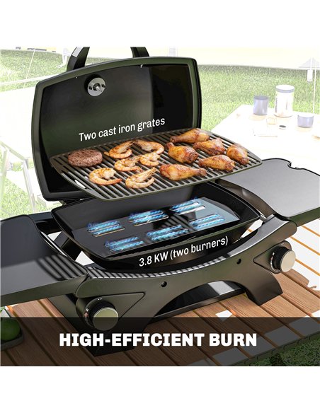 Outsunny 2 Burner Gas Grill with 2 Detachable Side Tables, 3.8 KW Steel Barbecue Grill with Cast Iron Grates, Lid, Thermometer - pic 182529 | FastDaddyshop