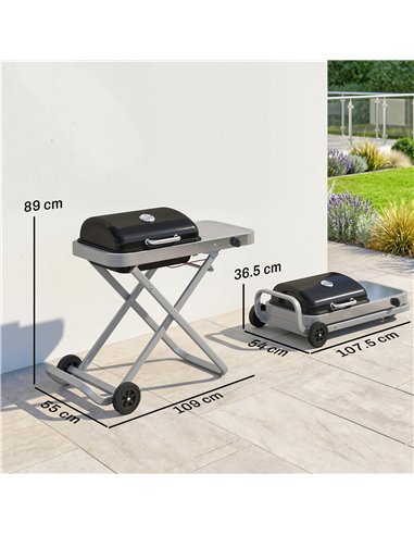 Outsunny Foldable Gas BBQ Grill with Side Table, Portable Gas Barbecue Grill with Thermometer, Grease Box, Wheels, 2.5 kW, Black