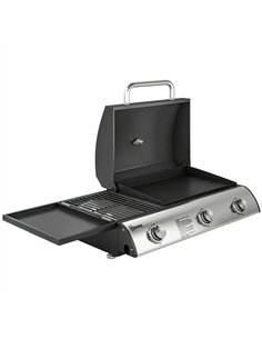 Outsunny 3 Burner Portable Gas Plancha BBQ Grill, 7.5 kW Outdoor Tabletop Gas Barbecue Grill with Griddle, Thermometer,, Black