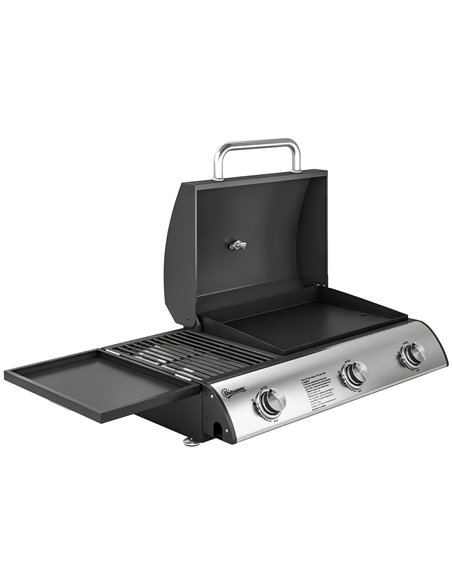 Outsunny 3 Burner Portable Gas Plancha BBQ Grill, 7.5 kW Outdoor Tabletop Gas Barbecue Grill with Griddle, Thermometer,, Black - pic 182543 | FastDaddyshop