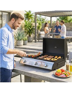 Outsunny 3 Burner Portable Gas Plancha BBQ Grill, 7.5 kW Outdoor Tabletop Gas Barbecue Grill with Griddle, Thermometer,, Black 2