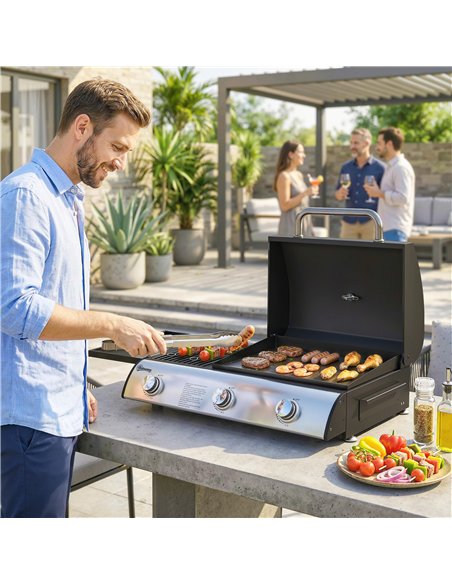 Outsunny 3 Burner Portable Gas Plancha BBQ Grill, 7.5 kW Outdoor Tabletop Gas Barbecue Grill with Griddle, Thermometer,, Black - pic 182544 | FastDaddyshop