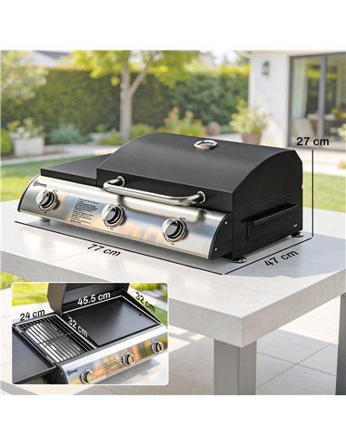 Outsunny 3 Burner Portable Gas Plancha BBQ Grill, 7.5 kW Outdoor Tabletop Gas Barbecue Grill with Griddle, Thermometer,, Black