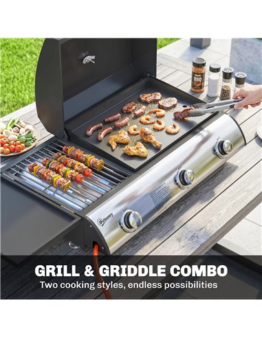 Outsunny 3 Burner Portable Gas Plancha BBQ Grill, 7.5 kW Outdoor Tabletop Gas Barbecue Grill with Griddle, Thermometer,, Black