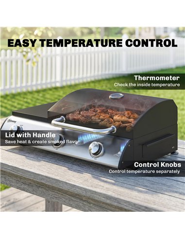 Outsunny 3 Burner Portable Gas Plancha BBQ Grill, 7.5 kW Outdoor Tabletop Gas Barbecue Grill with Griddle, Thermometer,, Black