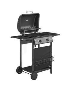 Outsunny Gas Burner Barbecue Grill, 2 Burner Gas Grill with Side Tables, Warming Rack, Shelf, Thermometer, Grease Tray, Black