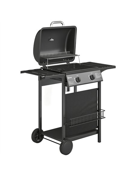 Outsunny Gas Burner Barbecue Grill, 2 Burner Gas Grill with Side Tables, Warming Rack, Shelf, Thermometer, Grease Tray, Black - pic 182552 | FastDaddyshop