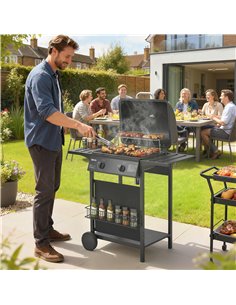 Outsunny Gas Burner Barbecue Grill, 2 Burner Gas Grill with Side Tables, Warming Rack, Shelf, Thermometer, Grease Tray, Black 2