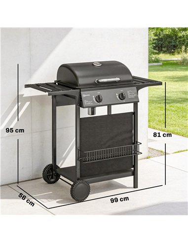 Outsunny Gas Burner Barbecue Grill, 2 Burner Gas Grill with Side Tables, Warming Rack, Shelf, Thermometer, Grease Tray, Black