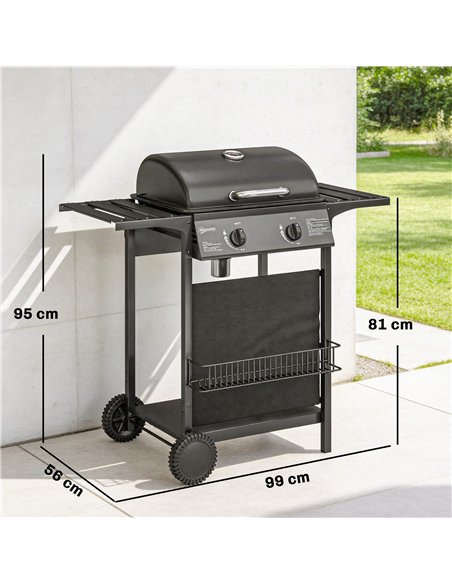Outsunny Gas Burner Barbecue Grill, 2 Burner Gas Grill with Side Tables, Warming Rack, Shelf, Thermometer, Grease Tray, Black - pic 182554 | FastDaddyshop