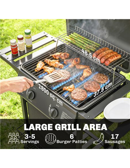 Outsunny Gas Burner Barbecue Grill, 2 Burner Gas Grill with Side Tables, Warming Rack, Shelf, Thermometer, Grease Tray, Black - pic 182555 | FastDaddyshop