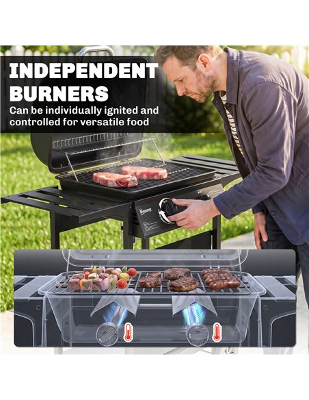 Outsunny Gas Burner Barbecue Grill, 2 Burner Gas Grill with Side Tables, Warming Rack, Shelf, Thermometer, Grease Tray, Black - pic 182556 | FastDaddyshop