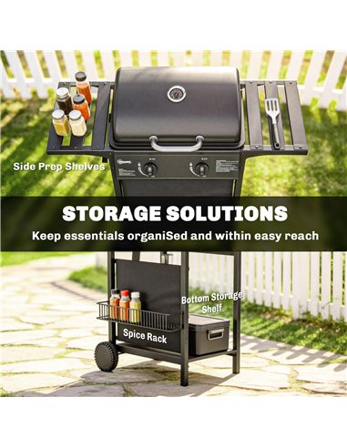 Outsunny Gas Burner Barbecue Grill, 2 Burner Gas Grill with Side Tables, Warming Rack, Shelf, Thermometer, Grease Tray, Black