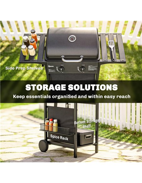Outsunny Gas Burner Barbecue Grill, 2 Burner Gas Grill with Side Tables, Warming Rack, Shelf, Thermometer, Grease Tray, Black - pic 182557 | FastDaddyshop
