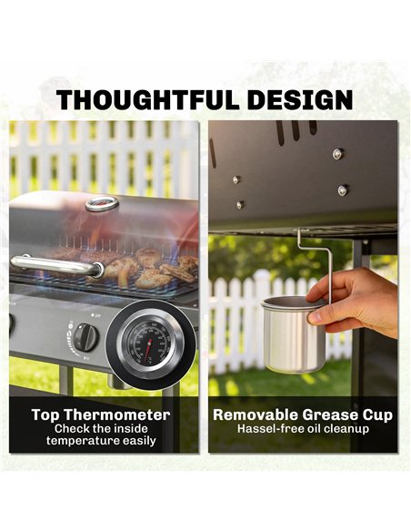 Outsunny Gas Burner Barbecue Grill, 2 Burner Gas Grill with Side Tables, Warming Rack, Shelf, Thermometer, Grease Tray, Black - pic 182558 | FastDaddyshop