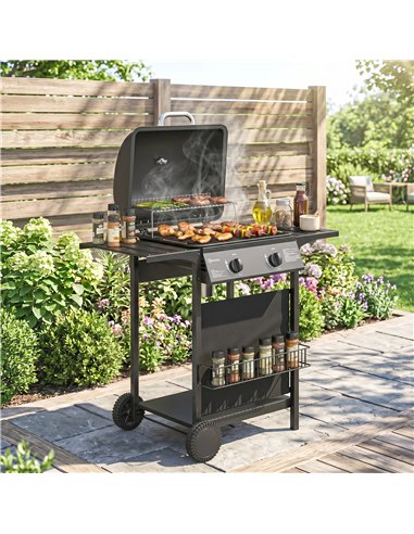 Outsunny Gas Burner Barbecue Grill, 2 Burner Gas Grill with Side Tables, Warming Rack, Shelf, Thermometer, Grease Tray, Black