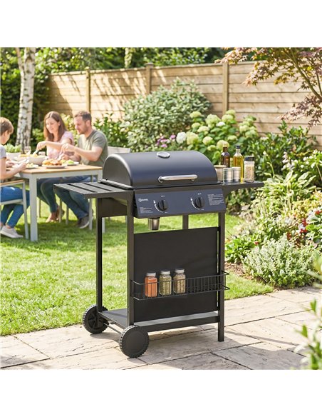 Outsunny Gas Burner Barbecue Grill, 2 Burner Gas Grill with Side Tables, Warming Rack, Shelf, Thermometer, Grease Tray, Black - pic 182560 | FastDaddyshop