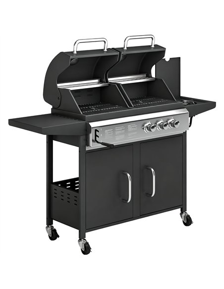 Outsunny 2+1 Burner Hybrid Dual Fuel BBQ Gas Grill, 2-in-1 Propane & Charcoal Barbecue Grill Smoker Combo with Wheels, Black - pic 182561 | FastDaddyshop
