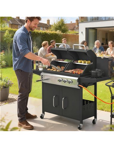 Outsunny 2+1 Burner Hybrid Dual Fuel BBQ Gas Grill, 2-in-1 Propane & Charcoal Barbecue Grill Smoker Combo with Wheels, Black