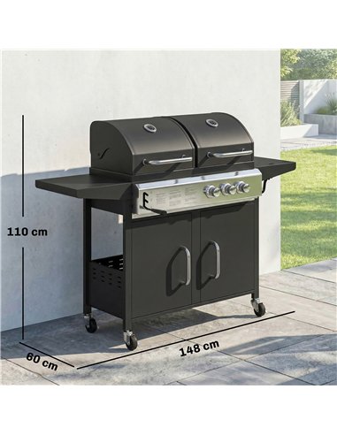 Outsunny 2+1 Burner Hybrid Dual Fuel BBQ Gas Grill, 2-in-1 Propane & Charcoal Barbecue Grill Smoker Combo with Wheels, Black