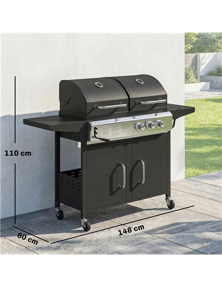 Outsunny 2+1 Burner Hybrid Dual Fuel BBQ Gas Grill, 2-in-1 Propane & Charcoal Barbecue Grill Smoker Combo with Wheels, Black - pic 182563 | FastDaddyshop