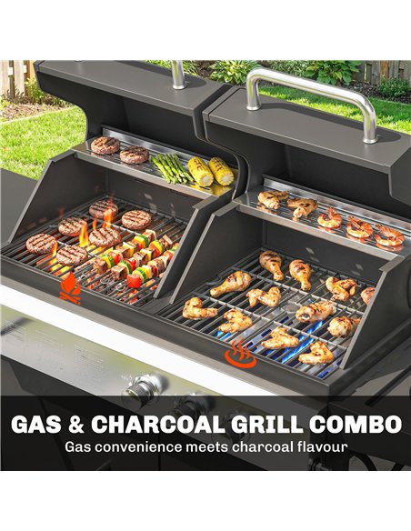 Outsunny 2+1 Burner Hybrid Dual Fuel BBQ Gas Grill, 2-in-1 Propane & Charcoal Barbecue Grill Smoker Combo with Wheels, Black - pic 182564 | FastDaddyshop