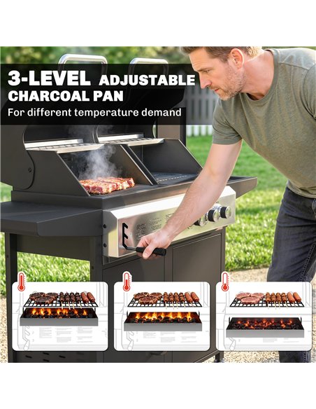 Outsunny 2+1 Burner Hybrid Dual Fuel BBQ Gas Grill, 2-in-1 Propane & Charcoal Barbecue Grill Smoker Combo with Wheels, Black - pic 182567 | FastDaddyshop