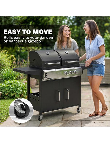 Outsunny 2+1 Burner Hybrid Dual Fuel BBQ Gas Grill, 2-in-1 Propane & Charcoal Barbecue Grill Smoker Combo with Wheels, Black - pic 182569 | FastDaddyshop