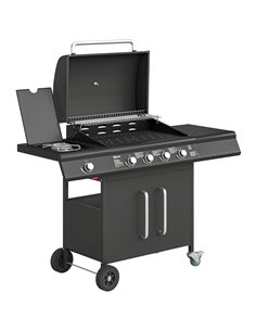 Outsunny 4+1 Burner Gas BBQ Grill with Storage Cabinet, 15.2 kW Gas Barbecue Trolley with Side Table, 4 Wheels, Warming Rack