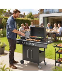 Outsunny 4+1 Burner Gas BBQ Grill with Storage Cabinet, 15.2 kW Gas Barbecue Trolley with Side Table, 4 Wheels, Warming Rack 2